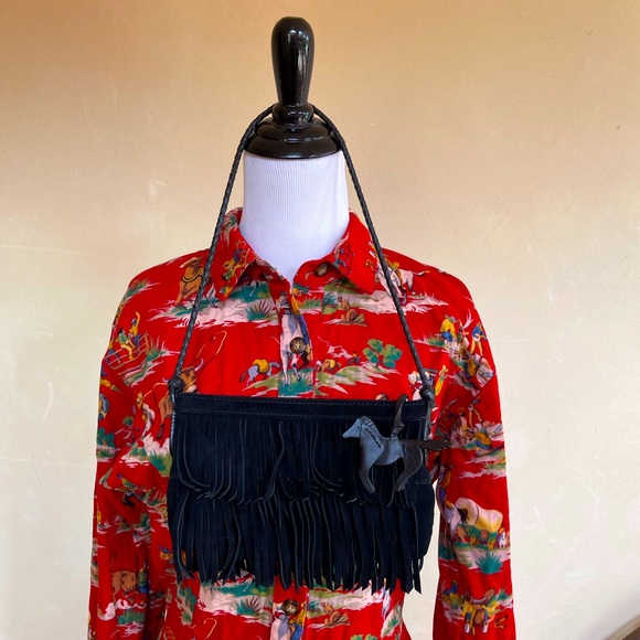 RALPH LAUREN Black Suede Fringed Bag w/Horse Charm - Picture 2 of 12